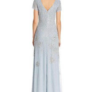 Adrianna Papell Womens Embellished Short Sleeves Evening Dress Blue